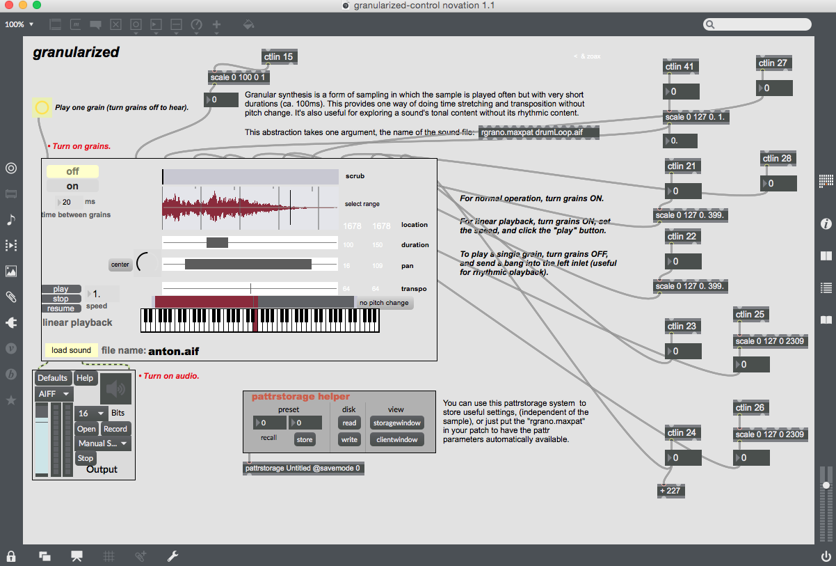 Max patch screenshot — algorithm generating rhythmic patterns from water-drop samples.